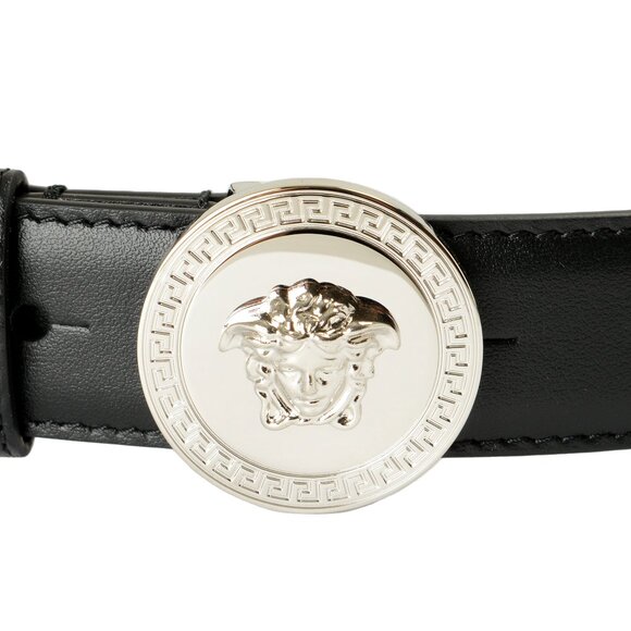 Versace Black 100% Leather Silver Medusa Head Logo Decorated Belt US 34 IT 85